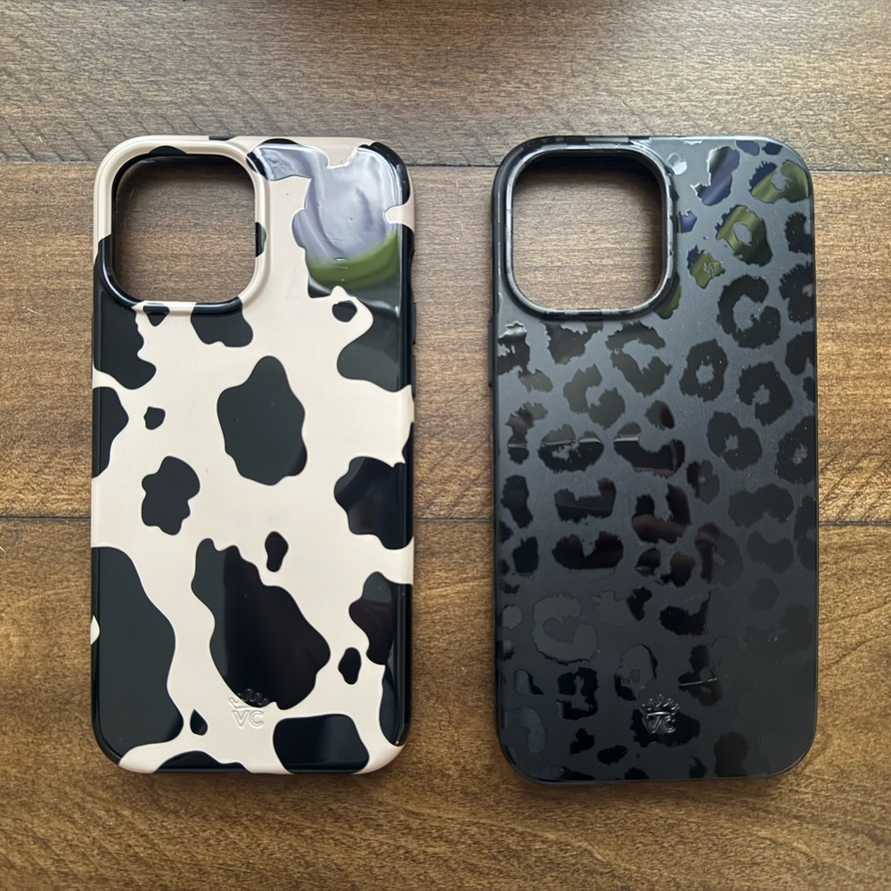 Velvet Caviar iPhone 13 Pro Max case bundle. Cow print and Leopard print.